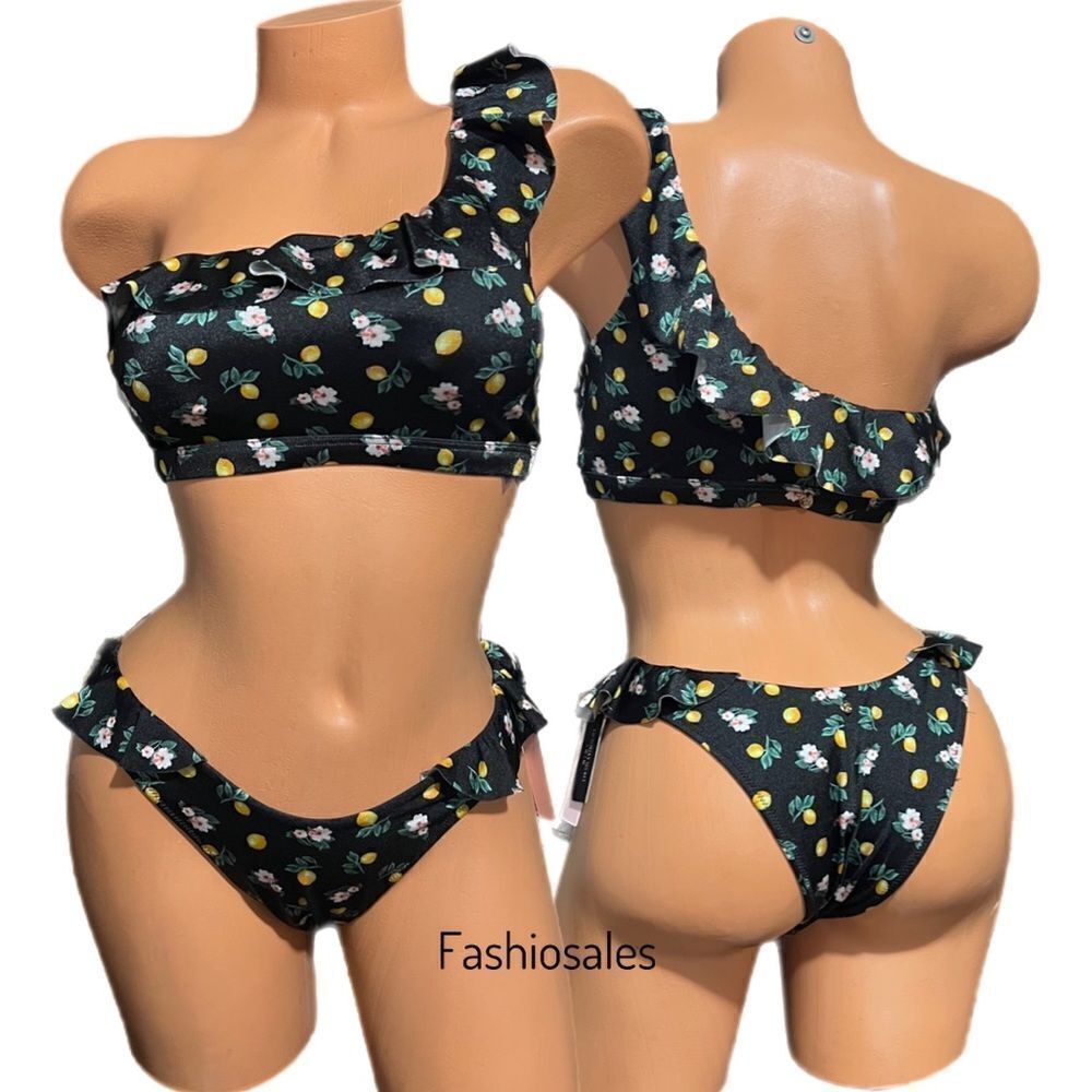 Victoria’s Secret Swim Ruffle One-Shoulder Bikini Top & Bottom Set Black Lemons